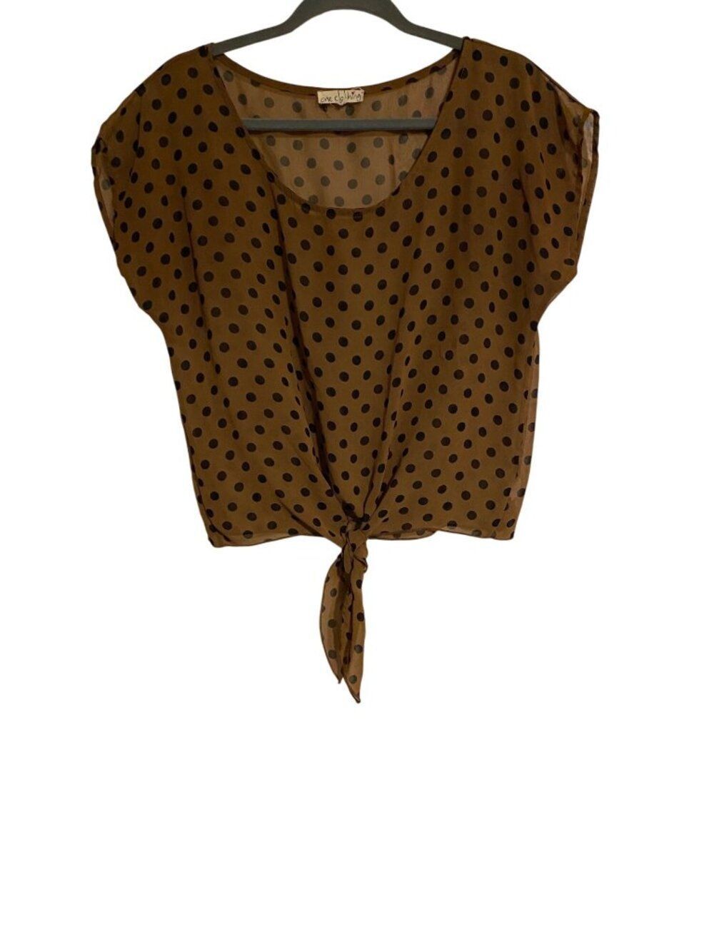 One Clothing Top Women's S Brown Polka Dot Sheer Tie-Front Cropped Boho Artsy